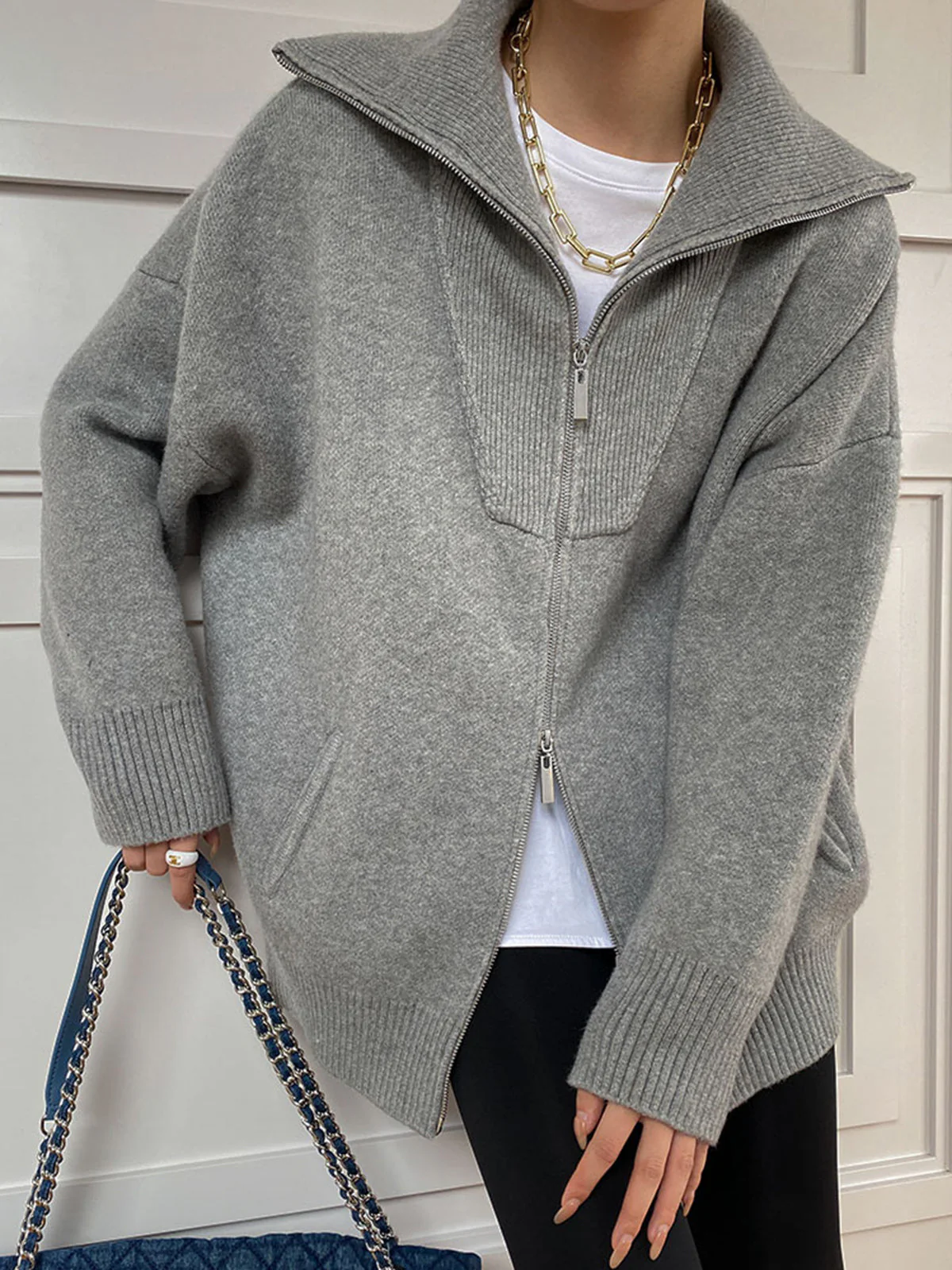 Damescardigan– Oversized Pasvorm – Wolbreisel – Ritssluiting – Open Kraag Casual Stijl