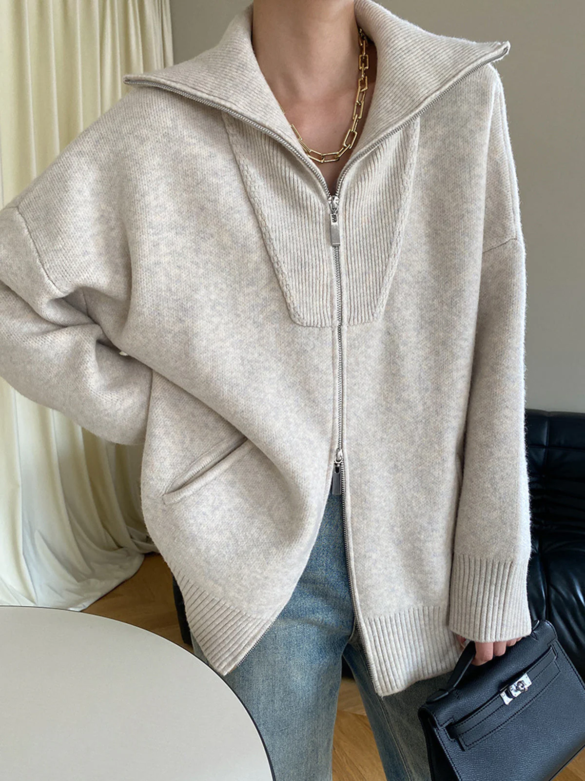 Damescardigan– Oversized Pasvorm – Wolbreisel – Ritssluiting – Open Kraag Casual Stijl