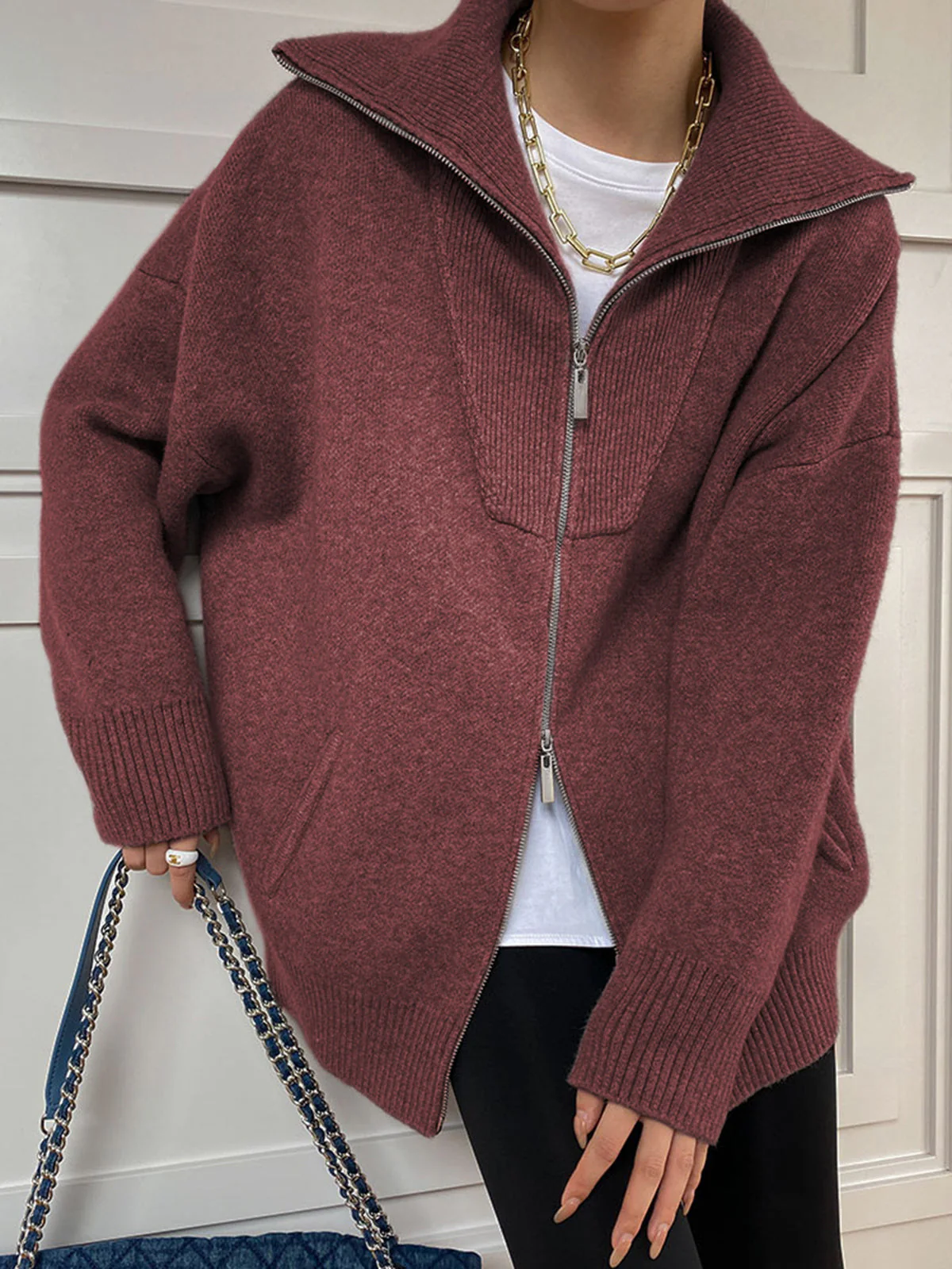 Damescardigan– Oversized Pasvorm – Wolbreisel – Ritssluiting – Open Kraag Casual Stijl