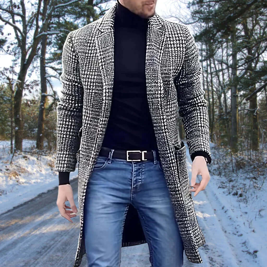 Heren trenchcoat – Slim Fit – Wolblend – Lange lengte – Geruit – Notch-revers
