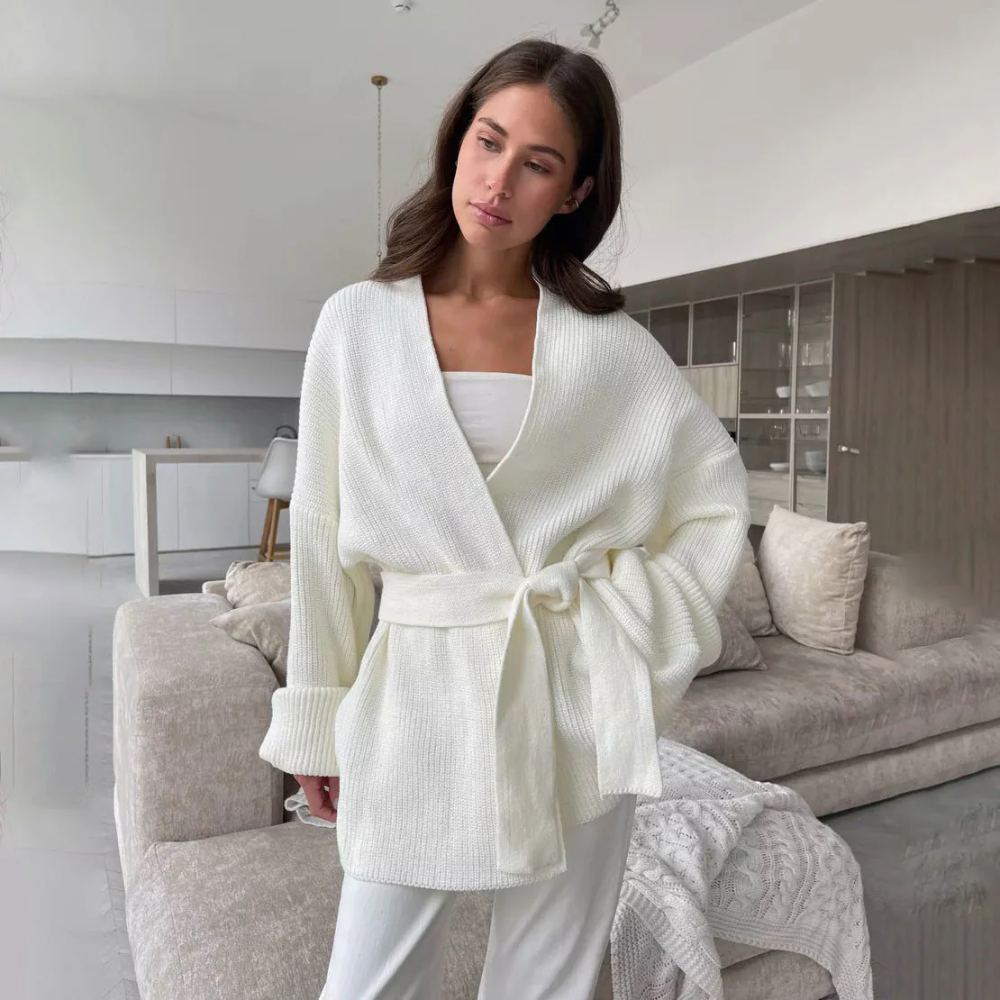 Damescardigan – Relaxte Pasvorm – Overslagmodel – Ribbelstructuur – Strikceintuur