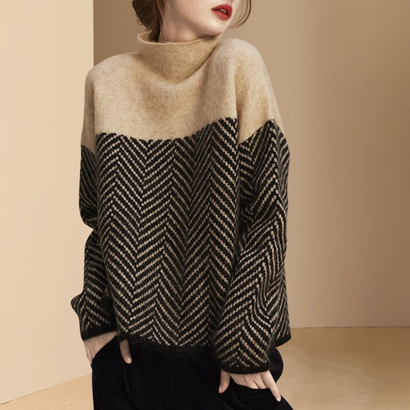 Ladies Sweater – Oversized Fit – High Neck – Soft Knit Fabric – Chevron Pattern