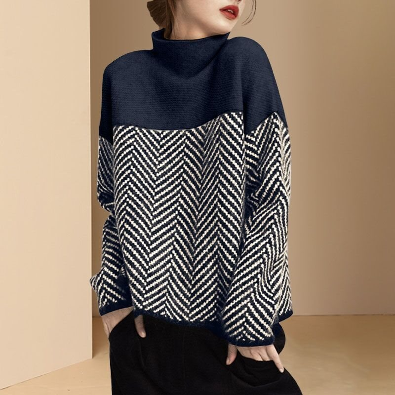 Ladies Sweater – Oversized Fit – High Neck – Soft Knit Fabric – Chevron Pattern
