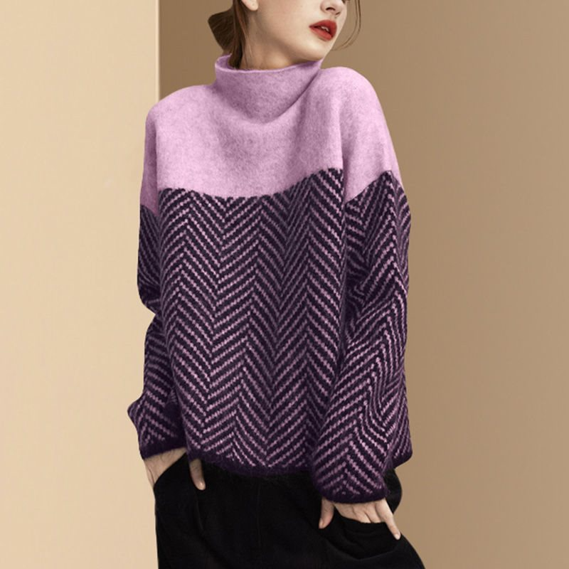 Ladies Sweater – Oversized Fit – High Neck – Soft Knit Fabric – Chevron Pattern