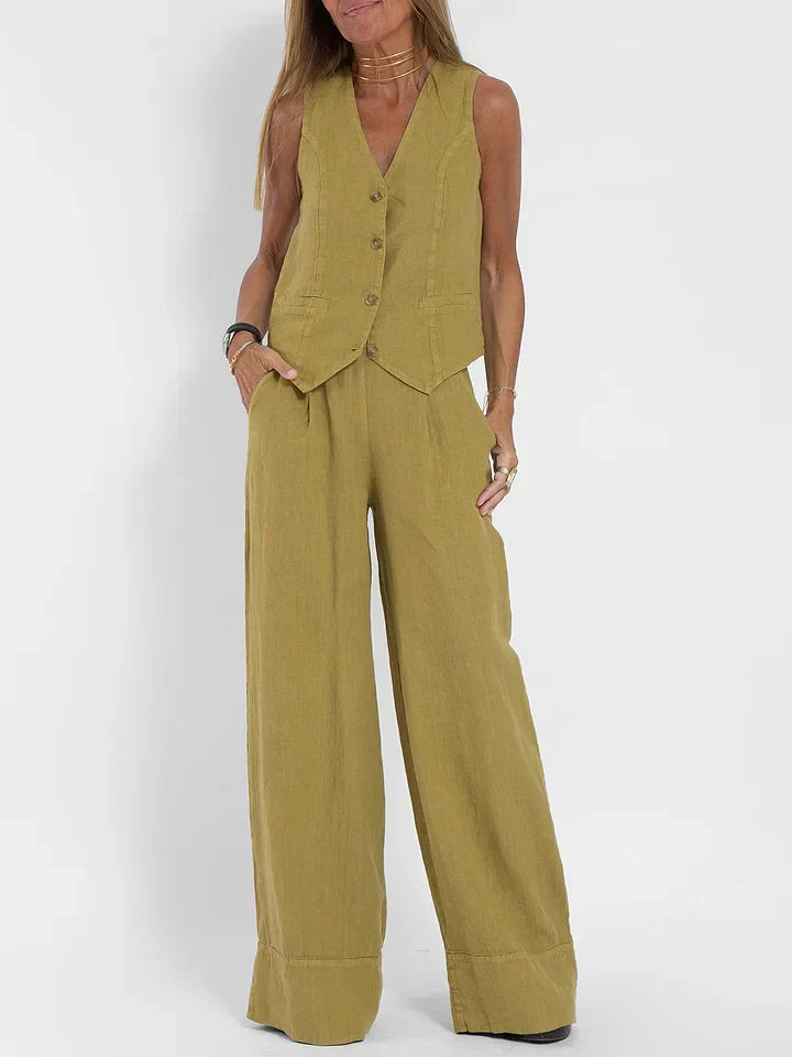 Elegante Linnen Set voor Dames – Gilet en Pantalon