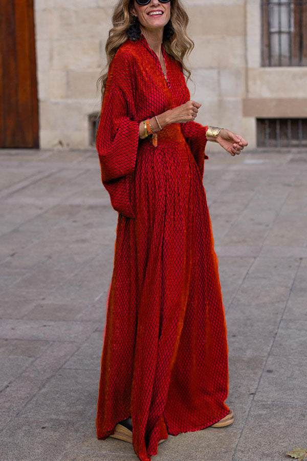 Chique Dames Wikkel Maxi Jurk – Flare Mouwen, Geruit Patroon
