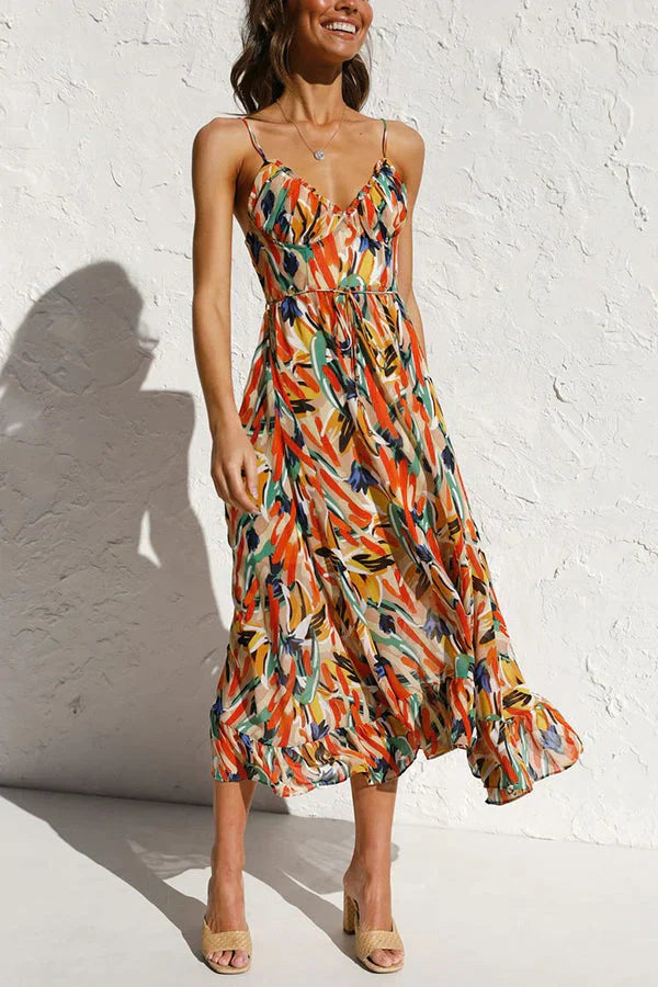 Dames Midi Jurk – Luchtig Chiffon – Losvallend Model – V-Hals met Print