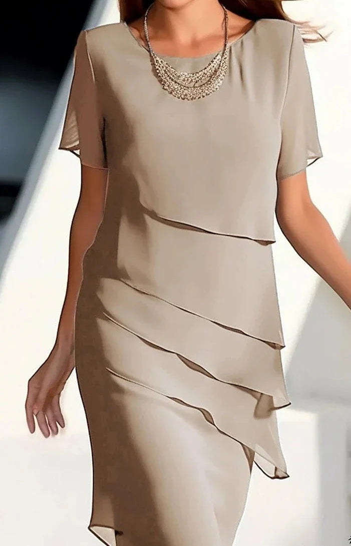 Elegante Korte Mouwen Midi Jurk met Ronde Hals