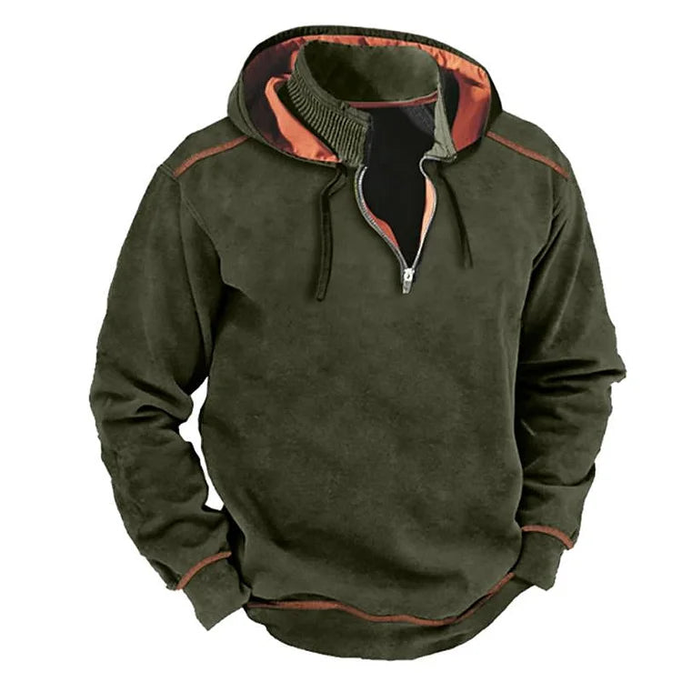 Heren Hooded Sweatshirt – Relaxte Pasvorm – Halve Ritssluiting – Ribkraag – Contrasterende Details