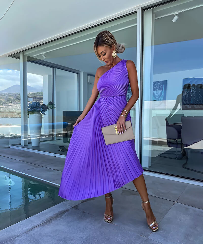 Stijlvolle Dames One Shoulder Midi Jurk