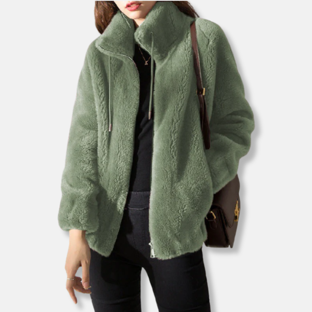 Women's Teddy Coat – Relaxed Fit – Soft Plush Fabric – High Collar – Zipper Closure