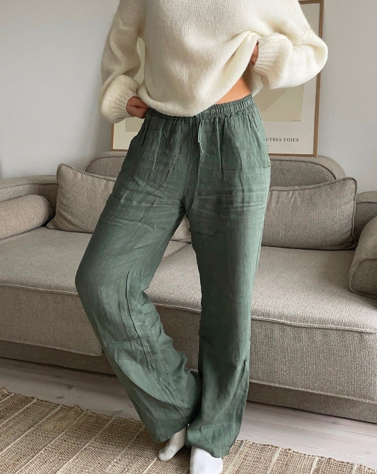 Donkergroene Linnen Relaxbroek voor Dames