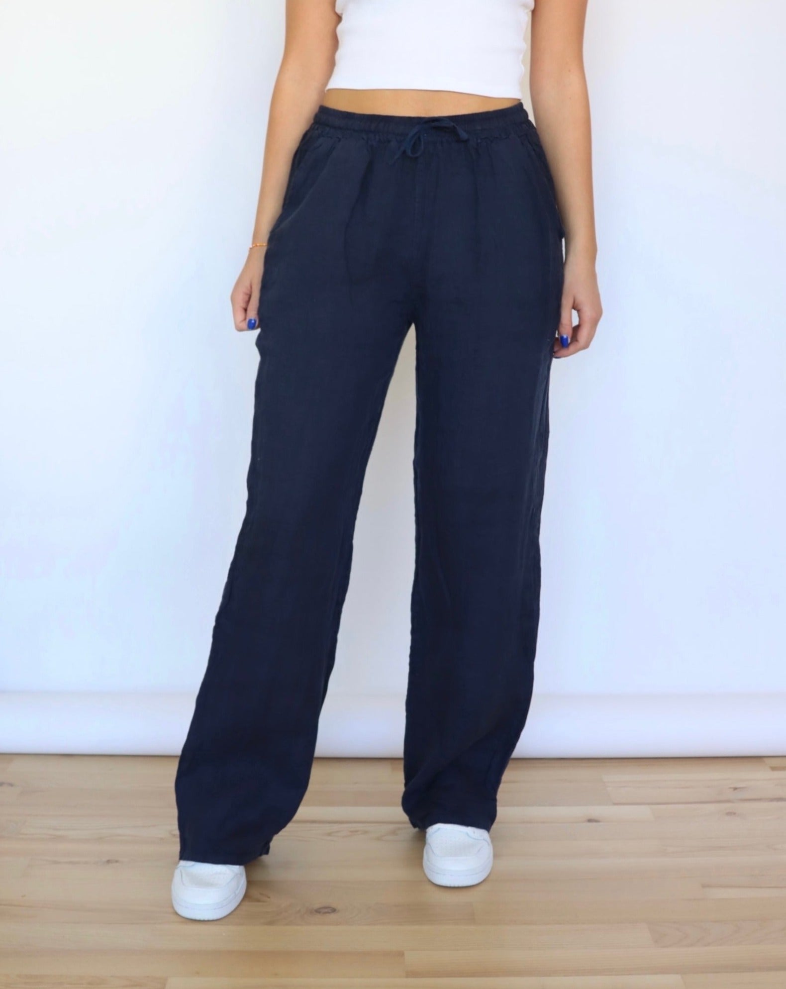 Marineblauwe linnen broek met wijde pijpen voor dames