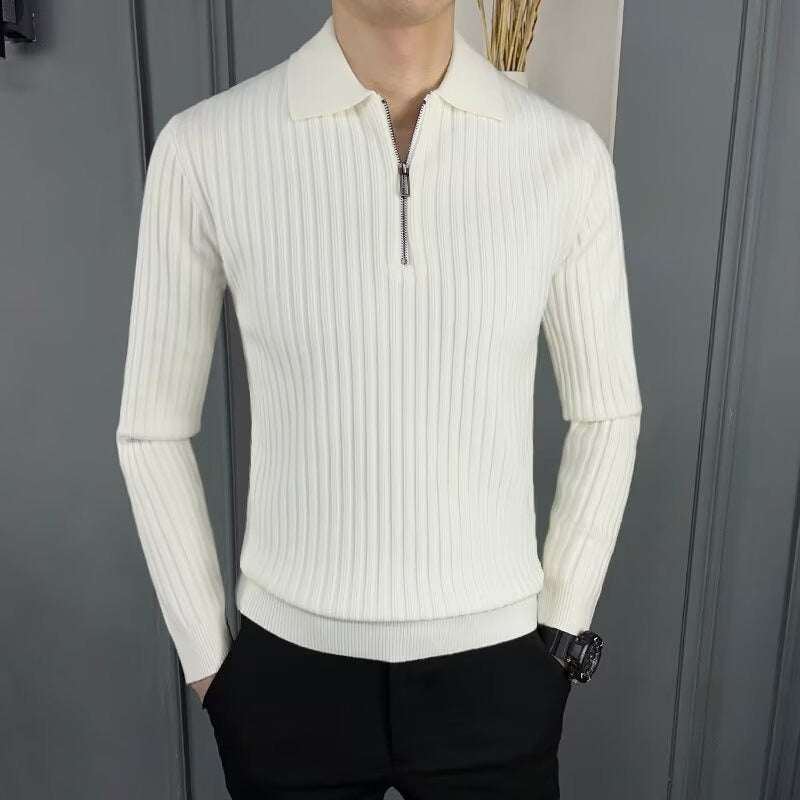 Heren Trui – Slim Fit – Ribgebreid – Polo Kraag – Halve Rits – Lange Mouw