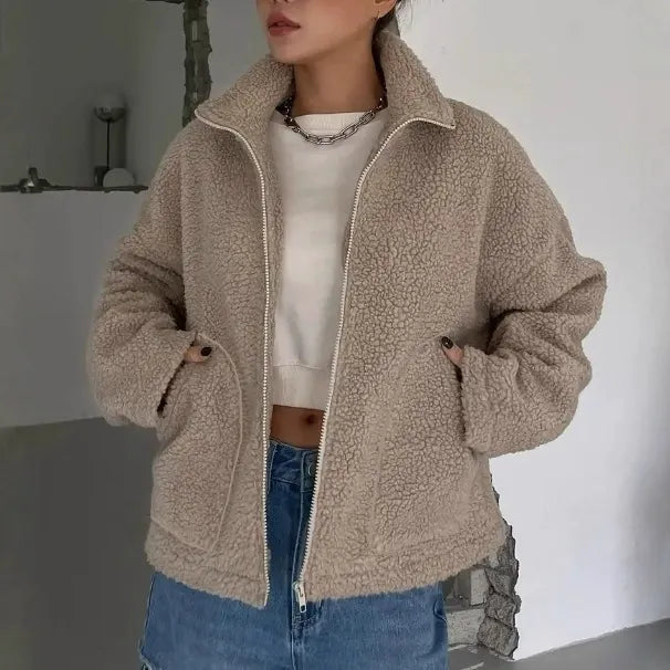 Dames Jas – Oversized Relaxte Pasvorm – Sherpa Fleece – Staande Kraag – Ritssluiting