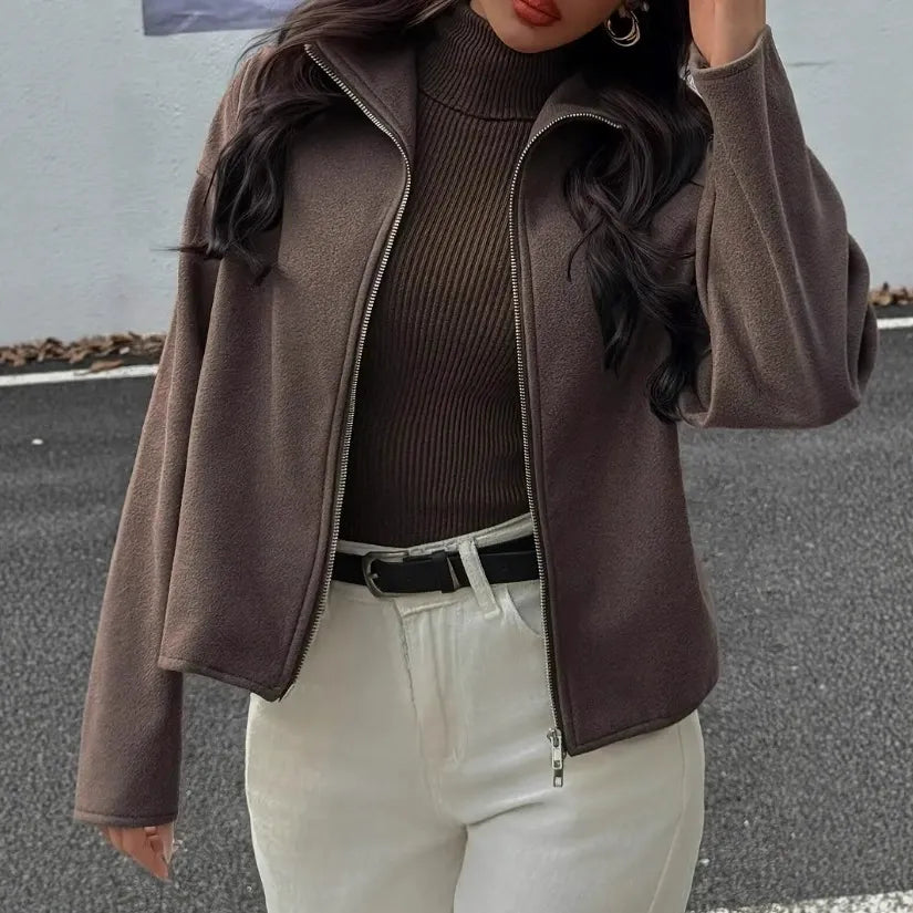 Dames Jas – Relaxte Pasvorm – Cropped Model – Lange Mouwen – Opstaande Kraag – Ritssluiting