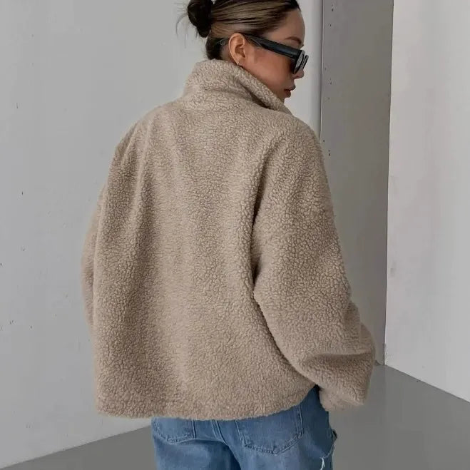 Dames Jas – Oversized Relaxte Pasvorm – Sherpa Fleece – Staande Kraag – Ritssluiting