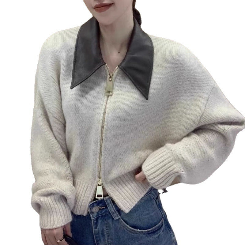 Dames Gebreid Vestjasje – Relaxed Fit – Wolmix – Leren Kraag – Cropped Model