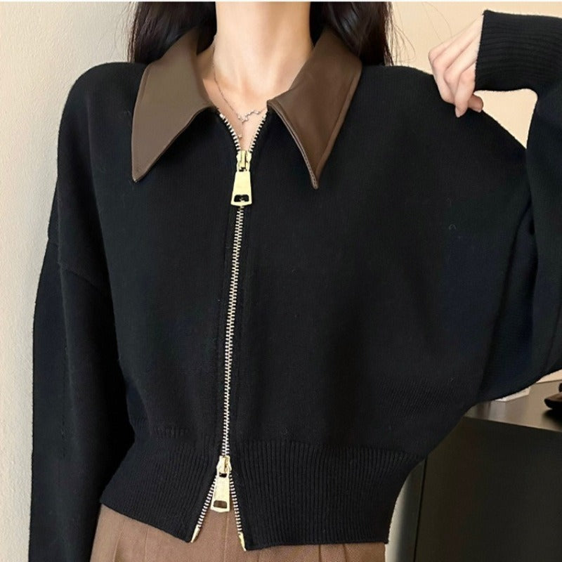 Dames Gebreid Vestjasje – Relaxed Fit – Wolmix – Leren Kraag – Cropped Model