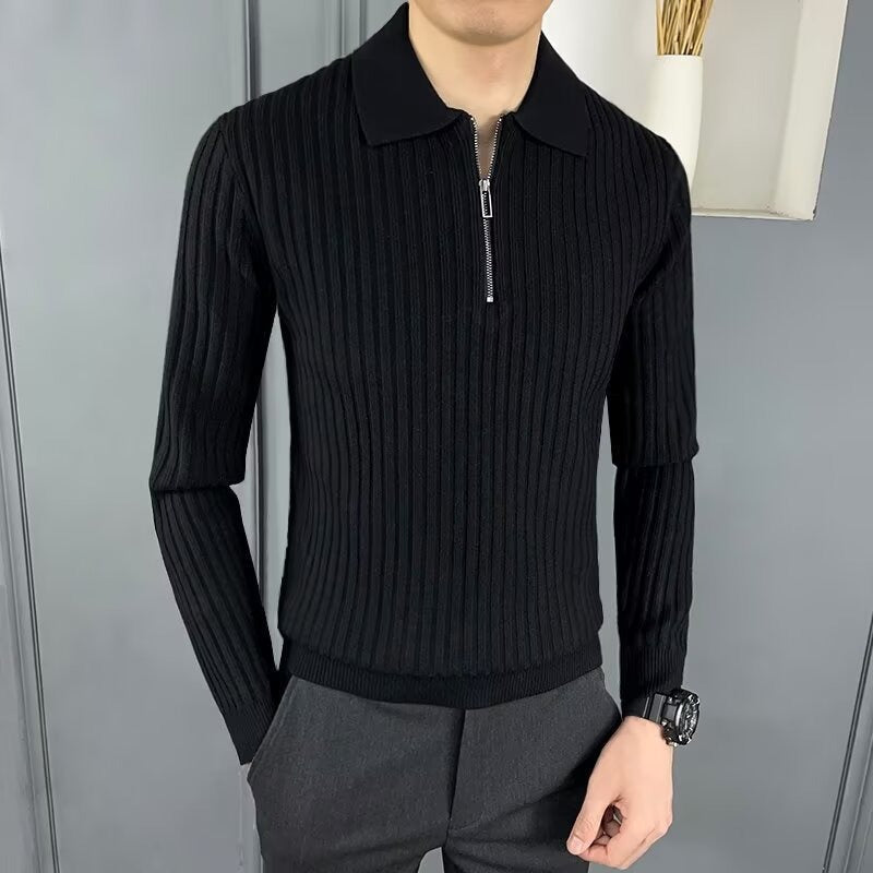 Heren Trui – Slim Fit – Ribgebreid – Polo Kraag – Halve Rits – Lange Mouw