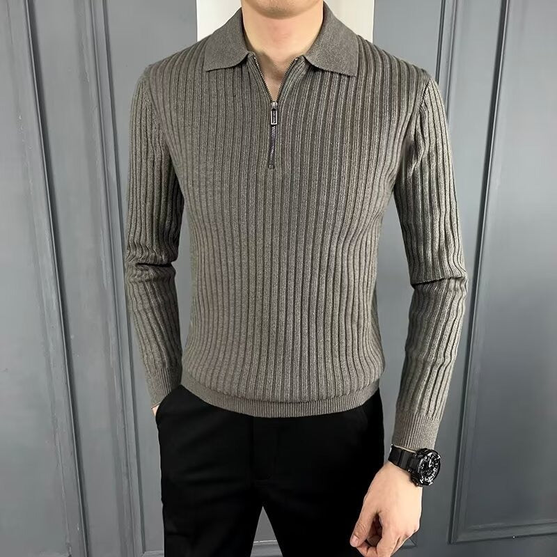 Heren Trui – Slim Fit – Ribgebreid – Polo Kraag – Halve Rits – Lange Mouw