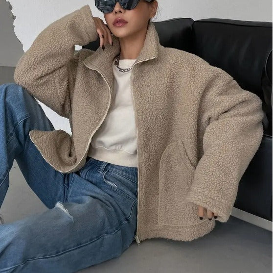 Dames Jas – Oversized Relaxte Pasvorm – Sherpa Fleece – Staande Kraag – Ritssluiting