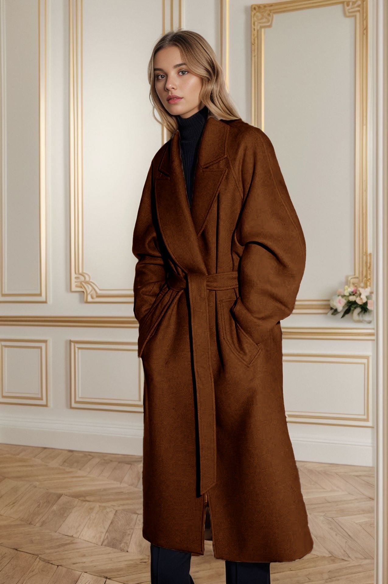 Dames trenchcoat – Wol – Relaxte Pasvorm – Notch revers – Ceintuur – Midi lengte
