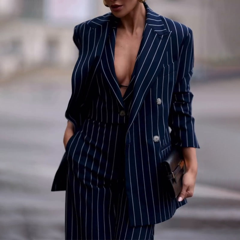 Dames Pak – Oversized Double-Breasted Blazer – Hoge Taille Flared Broek – Wol Look
