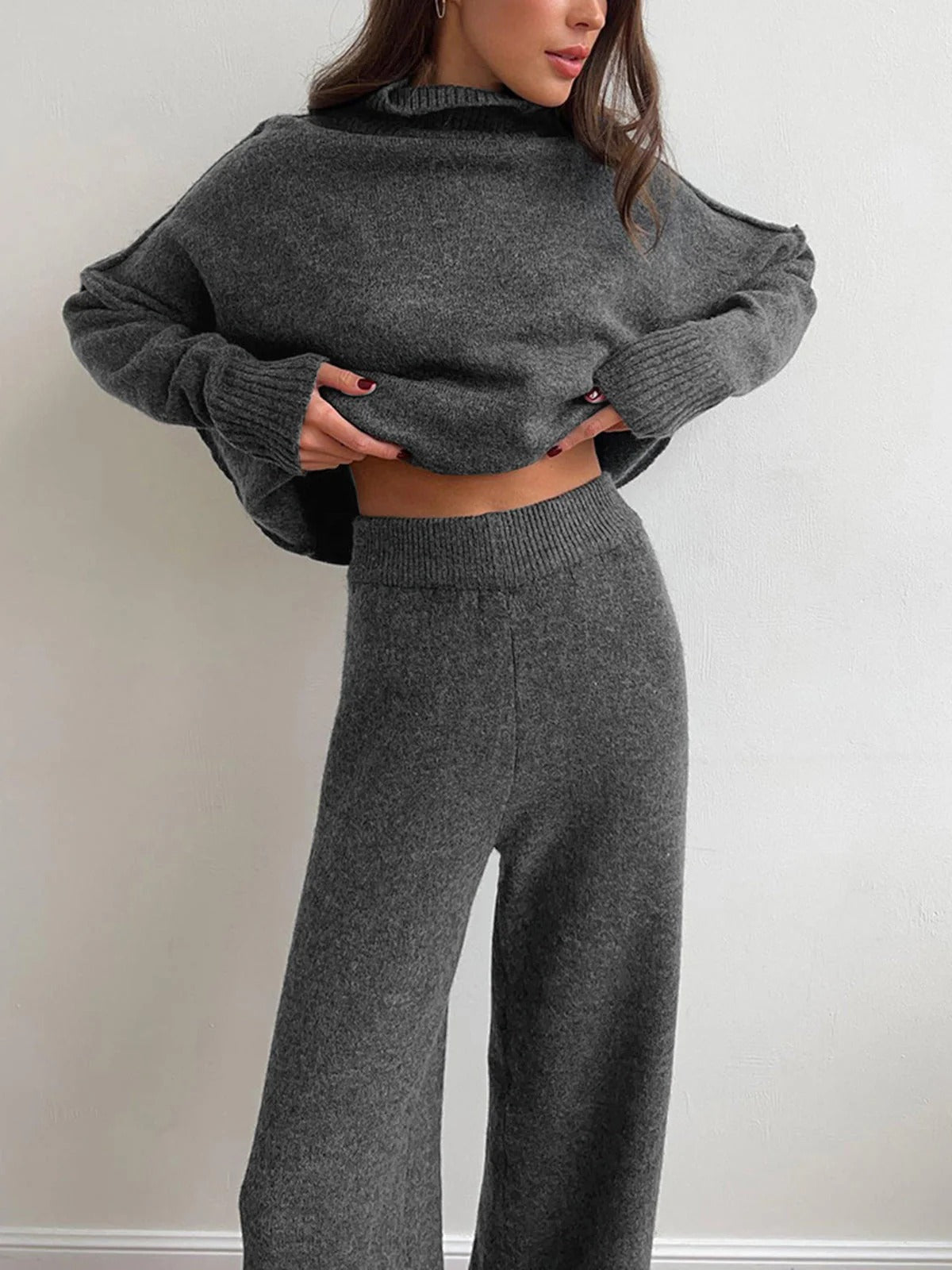 Dames Lounge Set – Zachte Knit – Oversized Pasvorm – Coltrui en Wijde Broek