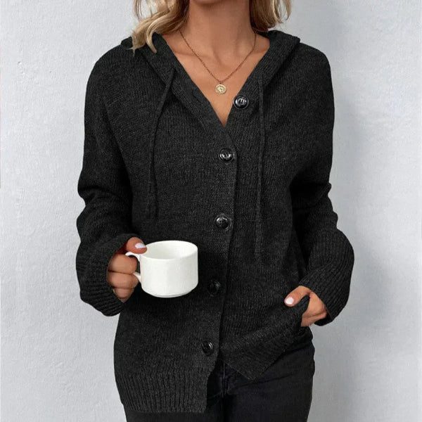 Dames Vest Met Capuchon – Oversized Pasvorm – Gebreide Stof – Knoopsluiting – Geribde Boorden