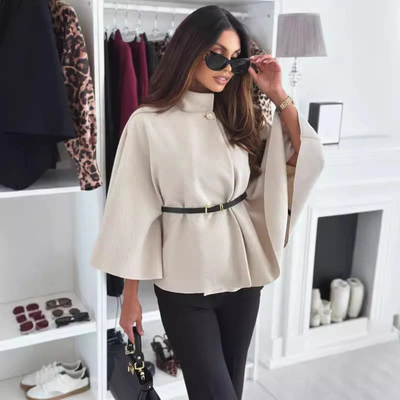 Dames Blouse – Poncho Model – Hoge Hals – Wijde Mouwen – Geceintuurde Taille