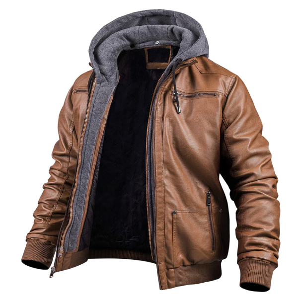 Heren Leren Jas – Slanke Pasvorm – Capuchon – Ritssluiting – Geribde Boorden – Streetstyle
