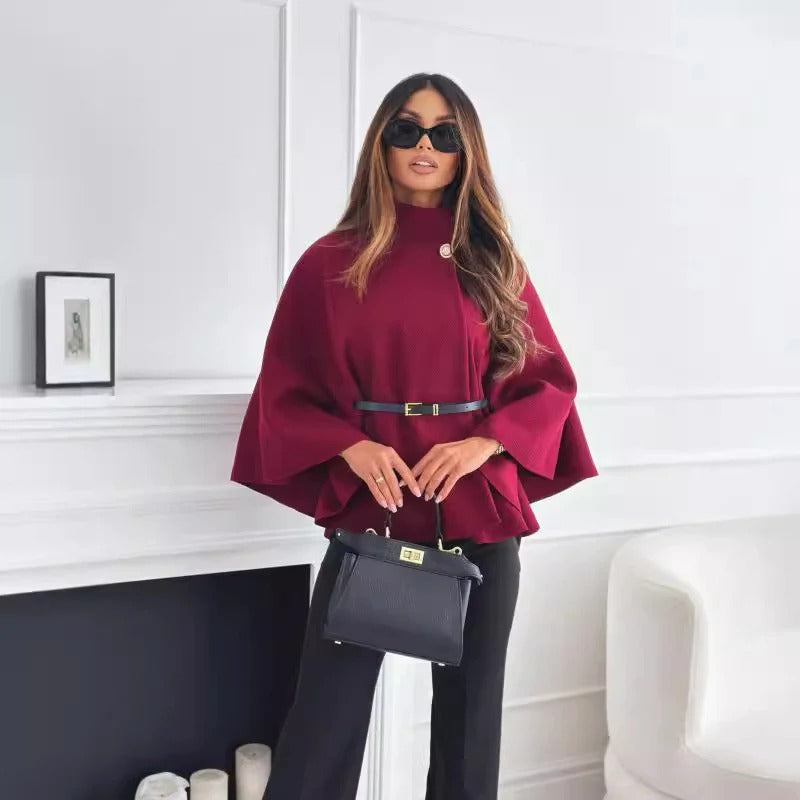 Dames Blouse – Poncho Model – Hoge Hals – Wijde Mouwen – Geceintuurde Taille
