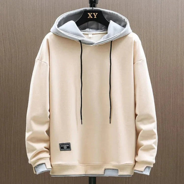 Heren Hoodie – Relaxte Pasvorm– Katoenmix – Gelaagde Capuchon – Geribde Boorden