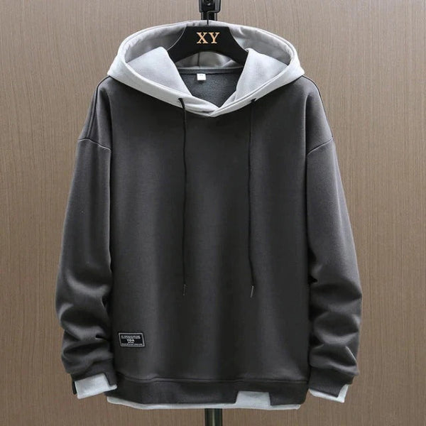 Heren Hoodie – Relaxte Pasvorm– Katoenmix – Gelaagde Capuchon – Geribde Boorden
