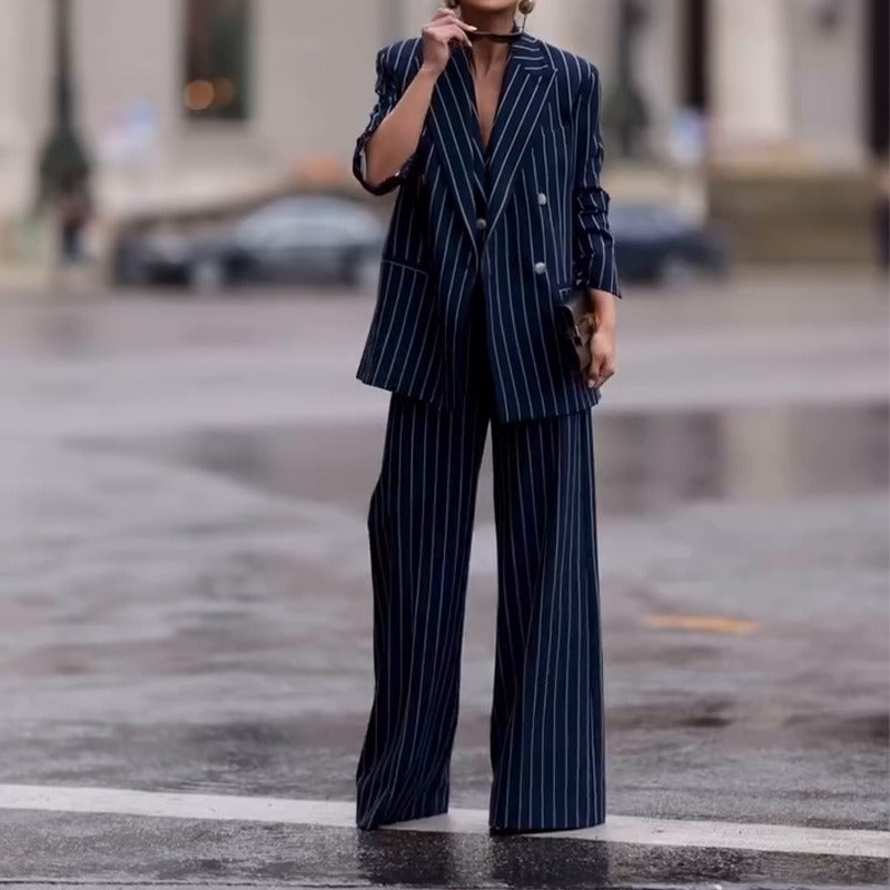 Dames Pak – Oversized Double-Breasted Blazer – Hoge Taille Flared Broek – Wol Look