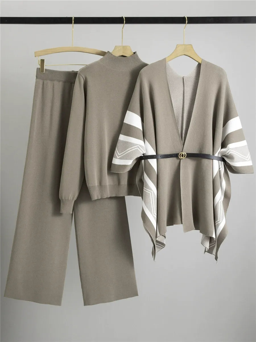 Women's 3-piece knitted set – Turtleneck sweater – Wide pants – Cardigan with belt