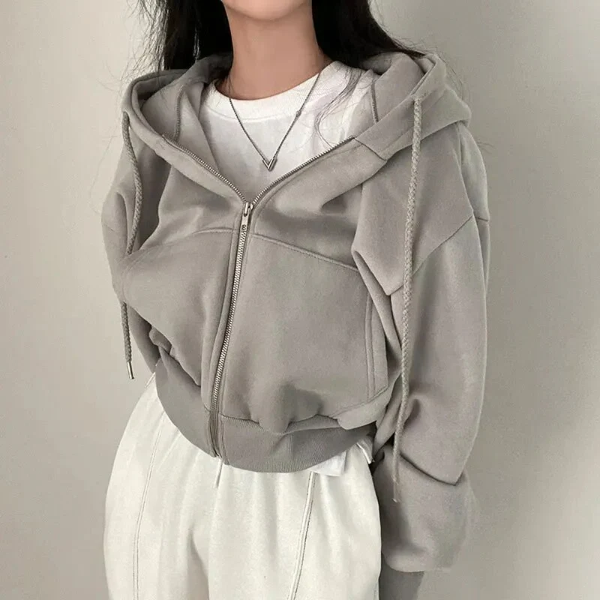 Dameshoodie – Cropped Model – Oversized Pasvorm – Met Rits – Katoenmix – Casual Draagcomfort