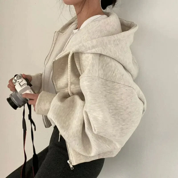 Dameshoodie – Cropped Model – Oversized Pasvorm – Met Rits – Katoenmix – Casual Draagcomfort