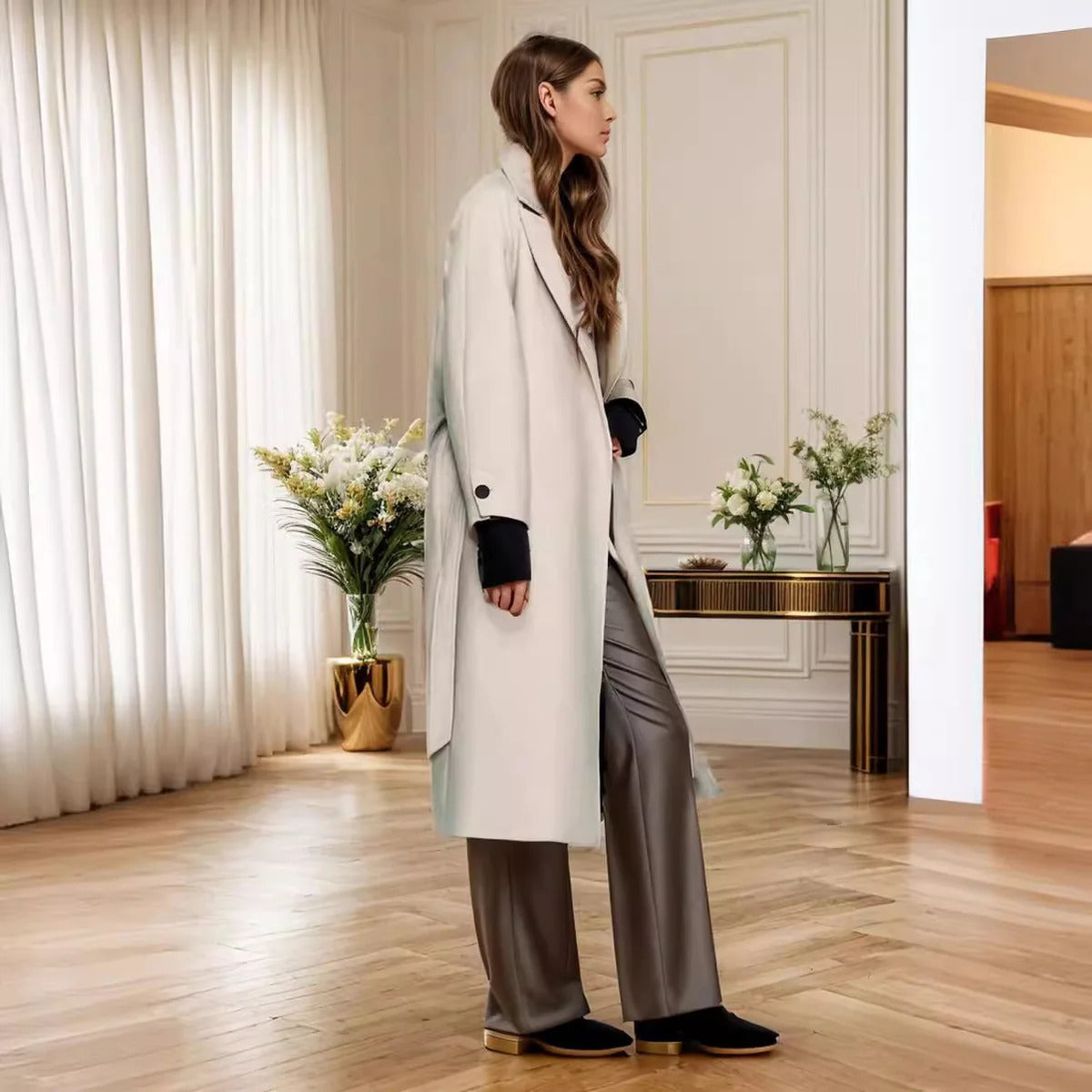 Dames trenchcoat – Wol – Relaxte Pasvorm – Notch revers – Ceintuur – Midi lengte
