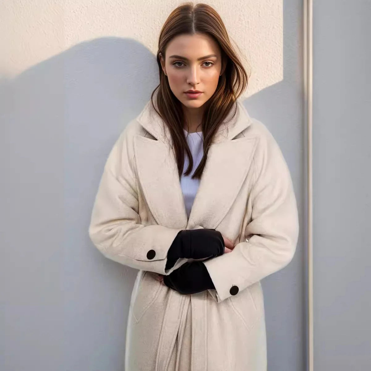 Dames trenchcoat – Wol – Relaxte Pasvorm – Notch revers – Ceintuur – Midi lengte