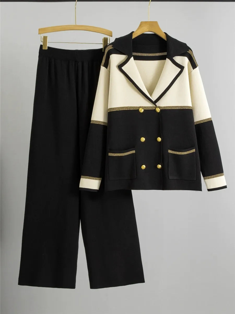Dames Pak – Gebreide Blazer met Reverskraag – Double-Breasted – Wijde Broek