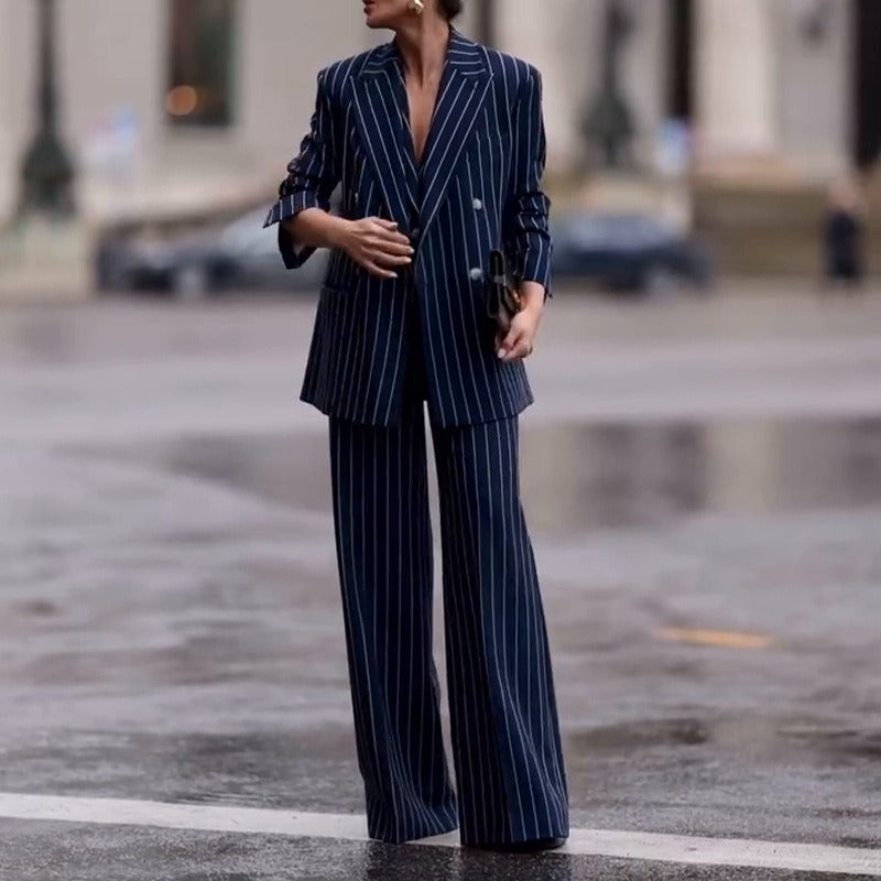 Dames Pak – Oversized Double-Breasted Blazer – Hoge Taille Flared Broek – Wol Look