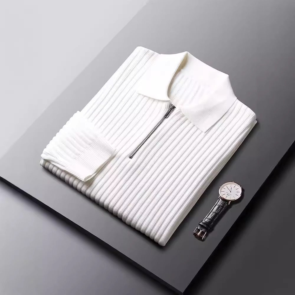Heren Trui – Slim Fit – Ribgebreid – Polo Kraag – Halve Rits – Lange Mouw
