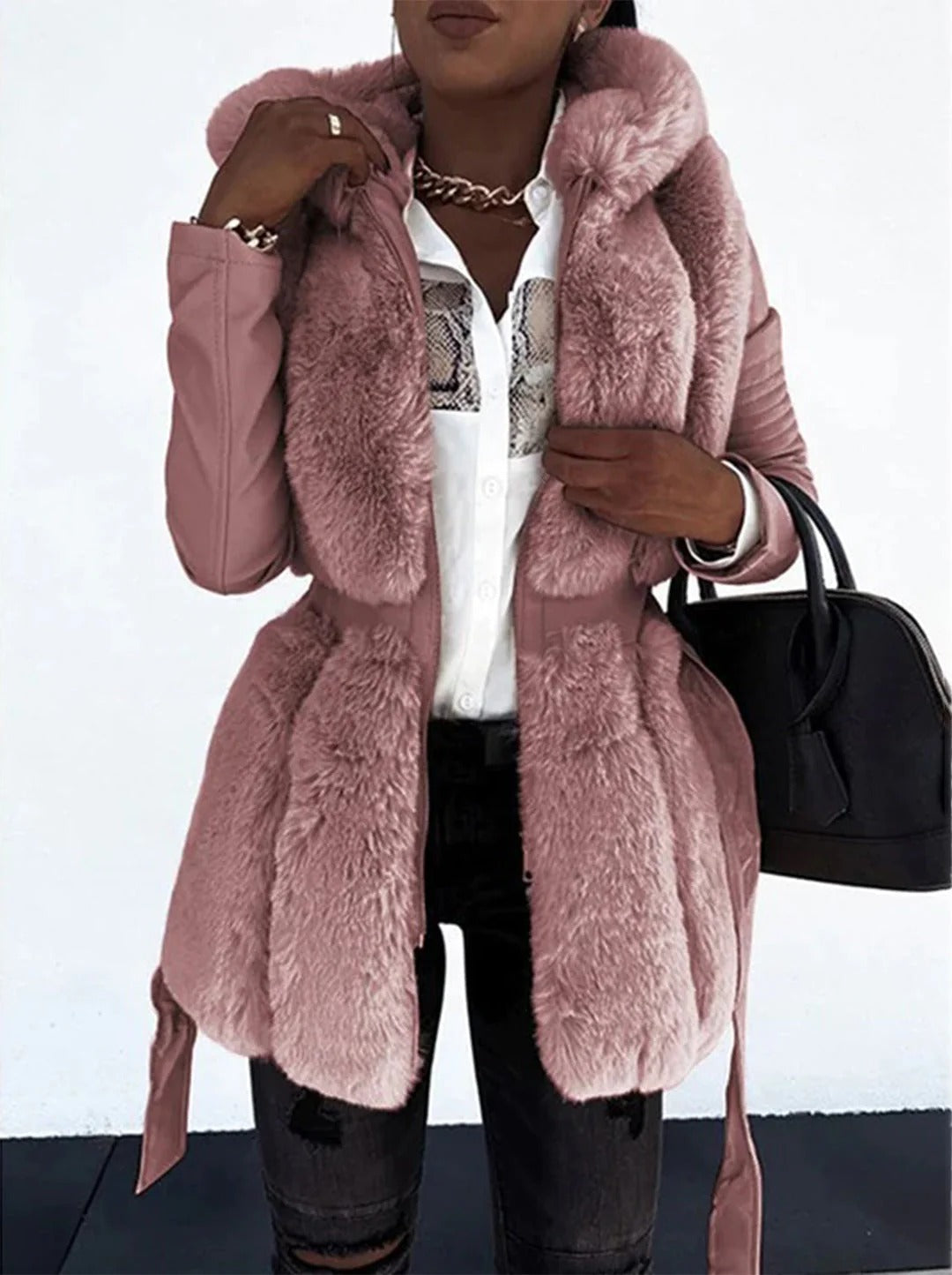 Dames Mid-Length Jas – Imitatiebont Voorzijde – Getailleerd – Ceintuur – Lange Mouw