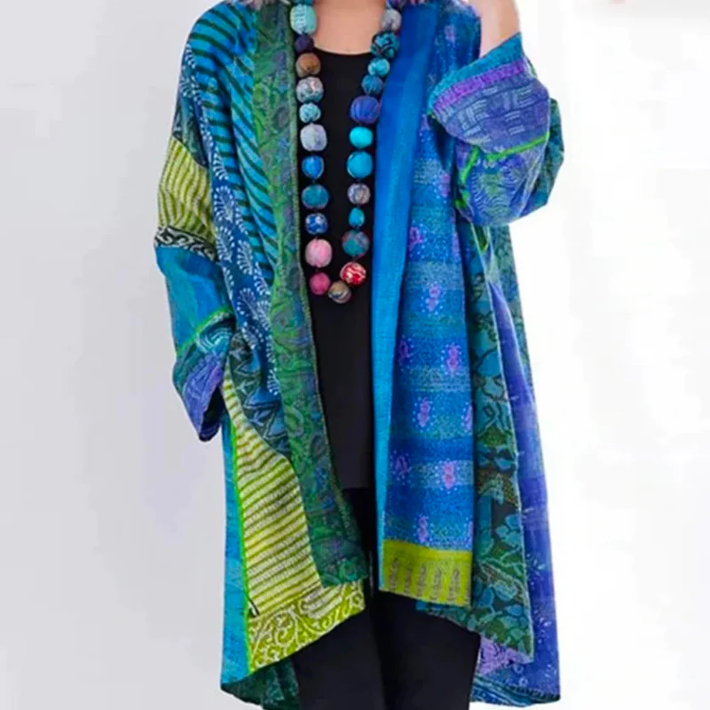 Dames Lange Vest – Oversized Pasvorm – Gebreide Textuur – Open Voorzijde – Boho Patchwork