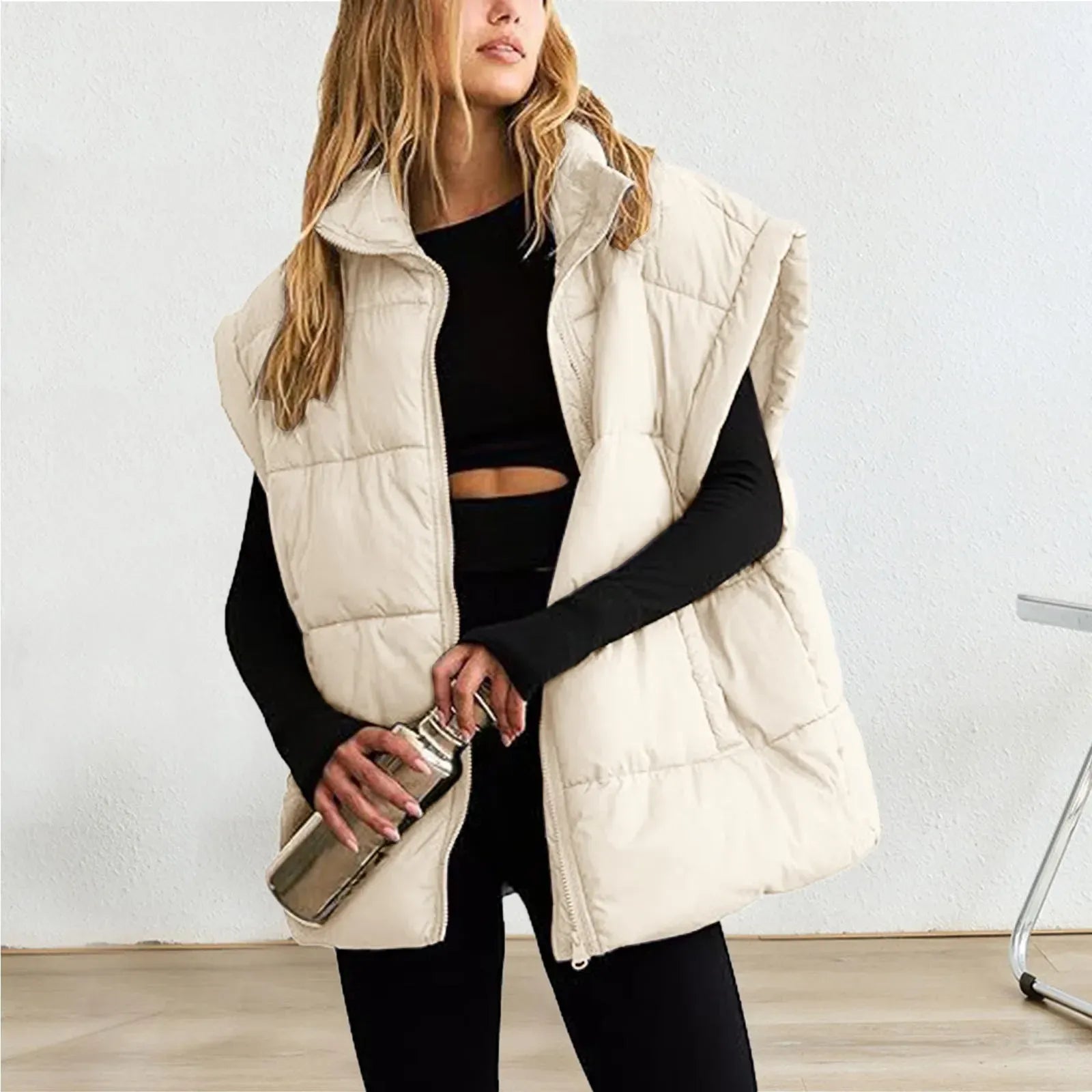 Dames Puffer Vest – Gewatteerd – Relaxte Pasvorm – Hoge Kraag – Heuplengte