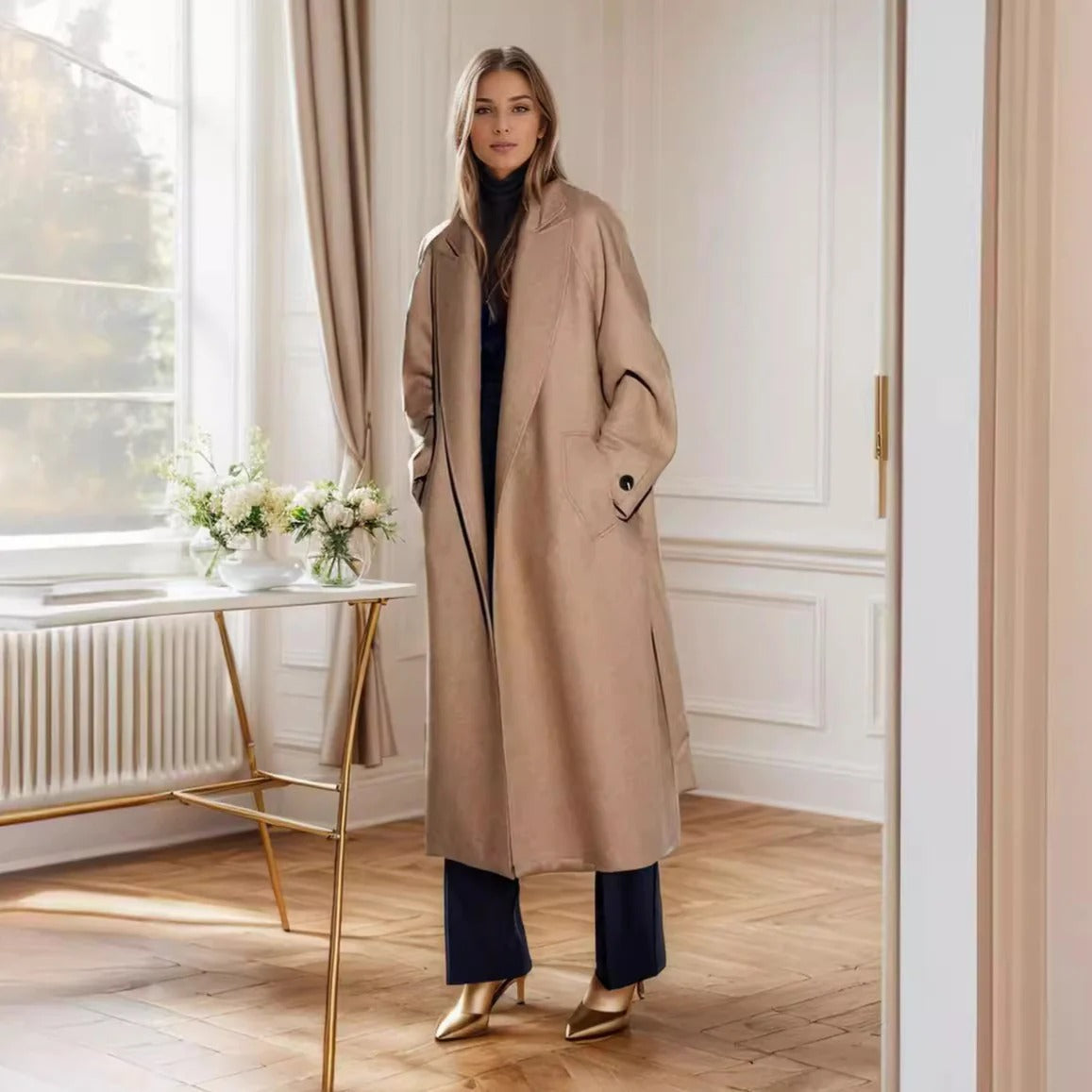 Dames trenchcoat – Wol – Relaxte Pasvorm – Notch revers – Ceintuur – Midi lengte