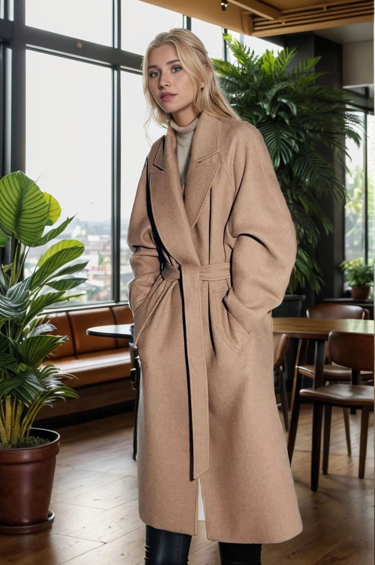 Dames trenchcoat – Wol – Relaxte Pasvorm – Notch revers – Ceintuur – Midi lengte