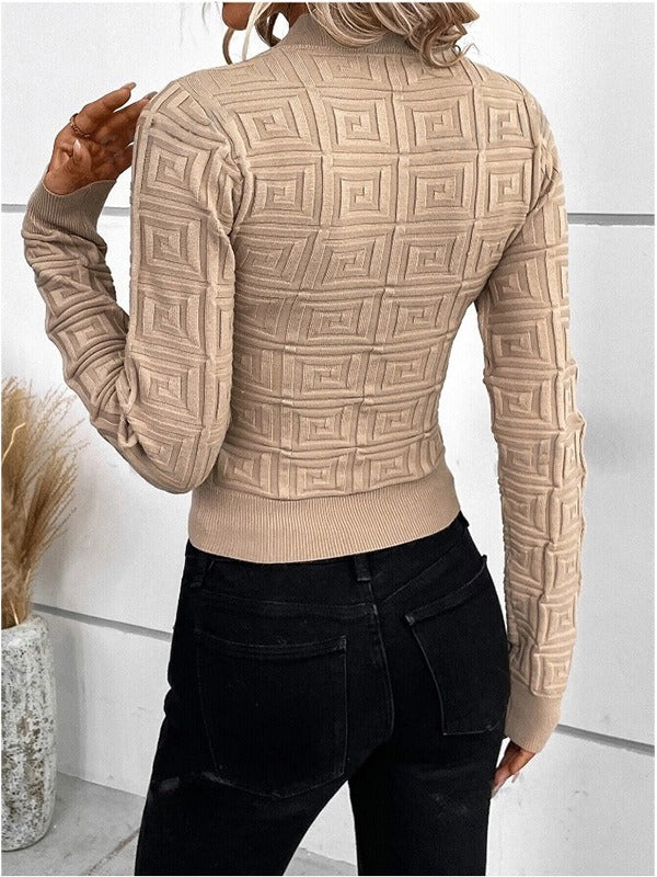 Dames Sweatshirt – Slanke Pasvorm– Embossed Geometrisch Patroon – Lange Mouw – Colkraag